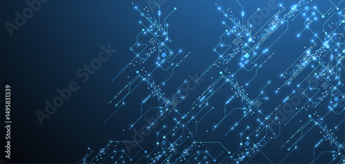 Digital circuit visualization vector background.  Blue board pattern with interconnected lines, nodes, and binary code.