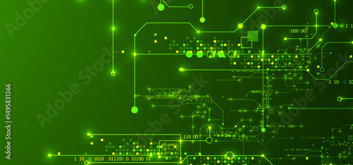 Digital circuit visualization vector background.  Green board pattern with interconnected lines, nodes, and binary code.
