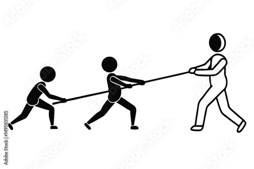 Silhouette of a group of people pulling a rope, vector illustration.