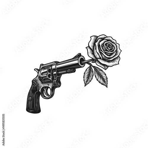 Black and white Gun Revolver with rose vector illustration on an isolated background