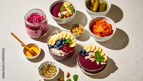 Freshly painted Easter eggs nestled in a basket alongside a gourmet breakfast spread