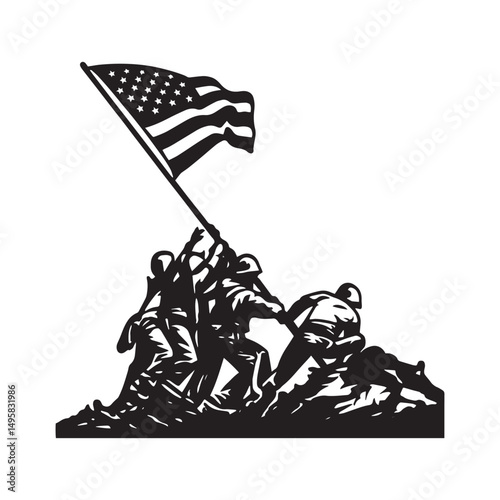 Silhouette image of five soldiers raising an American flag atop a rocky outcrop, symbolizing patriotism and unity vector illustration on an isolated background