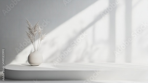 Minimalist display platform with vase and shadows, elegant design, soft lighting, modern decor, artistic arrangement