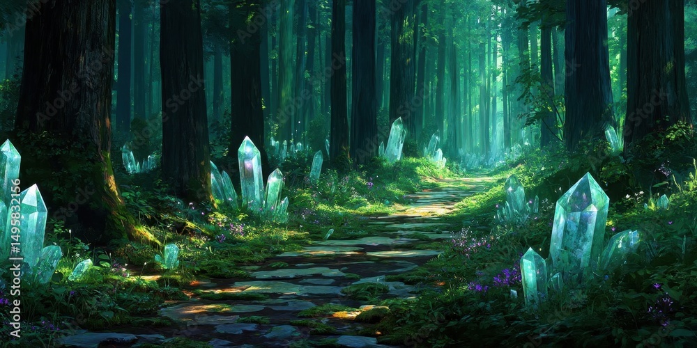 Fototapeta premium Enchanted Forest Path with Glowing Crystal and Sunlit Atmosphere