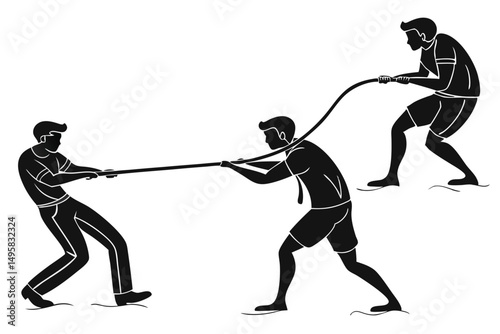 Silhouette of a group of people pulling a rope, vector illustration.