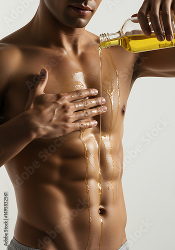 Man pouring oil on bare chest