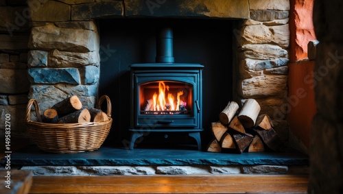 Inside a cottage with a wood burner fireplace, hearth area, and log storage basket.
