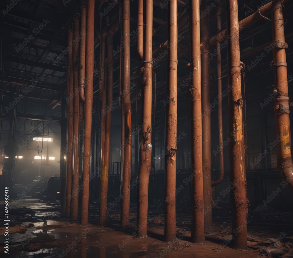 Obraz premium Rusty pipes drip in a dimly lit, abandoned factory , aged, dark