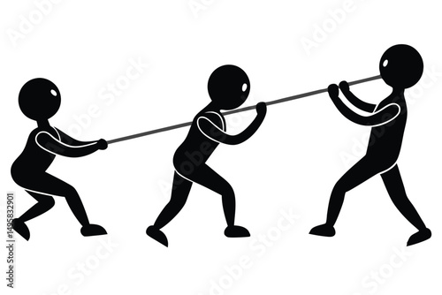 Silhouette of a group of people pulling a rope, vector illustration.