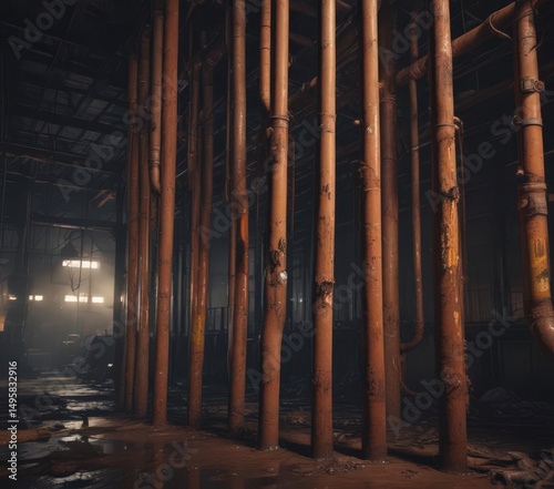 Rusty pipes drip in a dimly lit, abandoned factory ,  aged,  dark