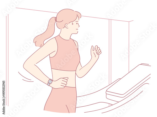 A woman jogging on a treadmill, prominently showcasing her commitment to fitness and active lifestyle aesthetics