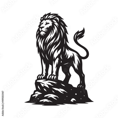 A bold, stylized black and white illustration of a lion standing on a rock vector on an isolated background