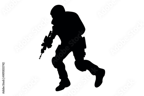 Silhouette of a soldier in tactical gear running with a rifle in a defensive stance