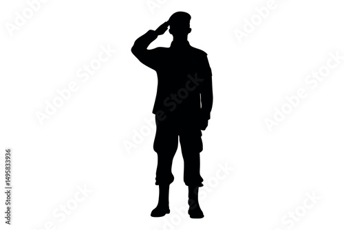 Silhouette of a soldier in uniform saluting respectfully against a clean white background