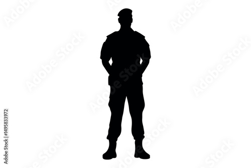 Silhouette of a soldier wearing a beret and uniform standing with hands in pockets on a white background