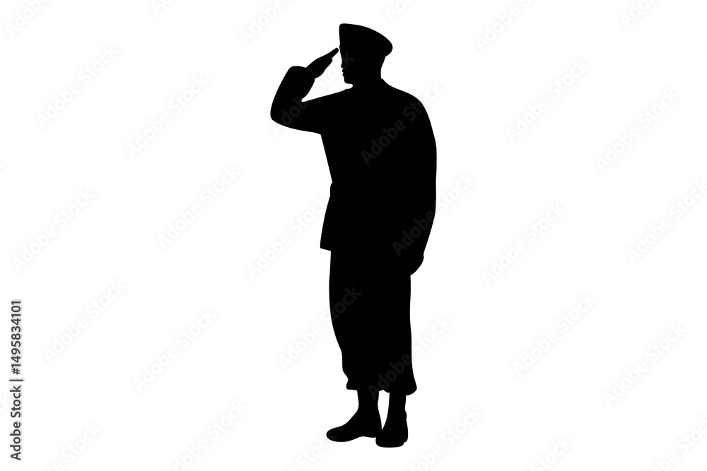 Silhouette of a soldier in uniform saluting respectfully against a clean white background Silhouette of a soldier in uniform saluting respectfully against a clean white background