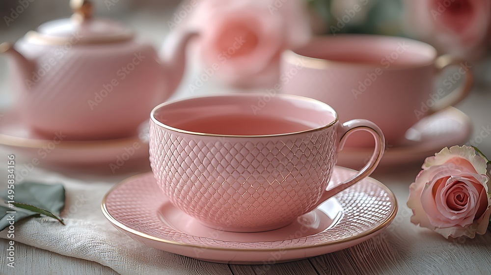 Fototapeta premium Elegant pink tea set with roses high resolution photo perfect for romantic backgrounds and designs.