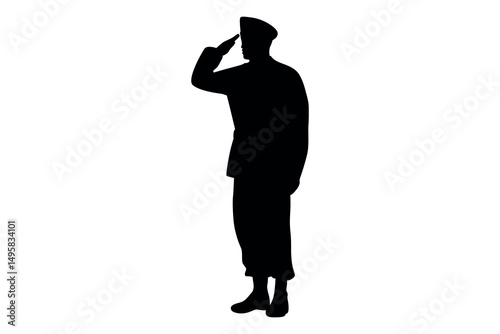 Silhouette of a soldier in uniform saluting respectfully against a clean white background