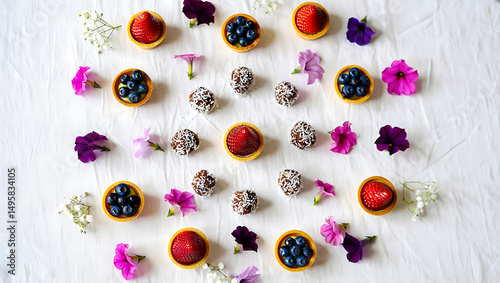 Summer Berry Tartlets and Flowers: A delightful arrangement of miniature berry tarts and assorted flower blossoms create a visually appealing and vibrant composition.