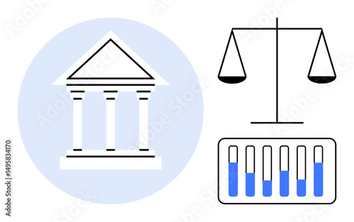 Courthouse with pillars, balanced scales of justice, and a bar chart representing data analysis. Ideal for law, governance, equality, data representation, research, policy-making and a simple