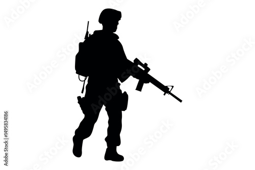 Silhouette of a soldier in full gear walking with a rifle and backpack against a white background