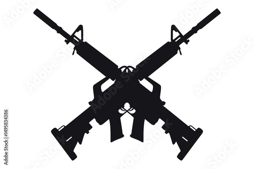 Silhouette of two crossed assault rifles on a white background symbolizing military power and conflict