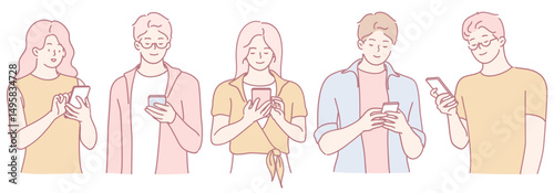 A group of young adults focused on their smartphones, showcasing modern connectivity and technology.