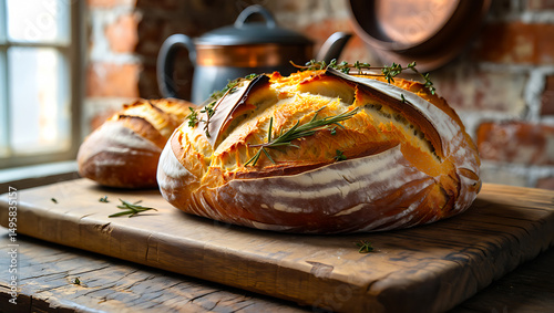 Artisan Bread on Wooden Board: A stunning overhead shot reveals a golden-crusted loaf of artisan bread, artfully adorned with rosemary sprigs, resting upon a rustic wooden cutting board.