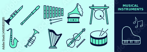 Set of icons of musical instruments, flute, harp, piano, saxophone, trumpet, violin, Xylophone, drum. Editable icon elements, size and color.