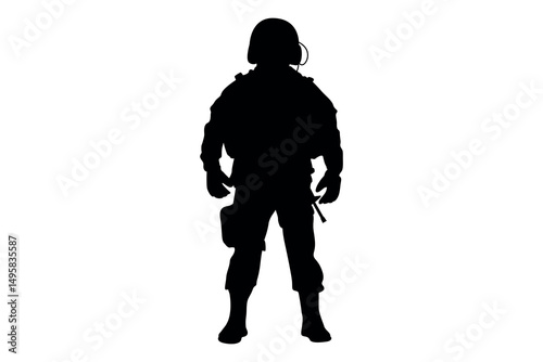 Silhouette of a fully equipped soldier standing ready against a clean white background