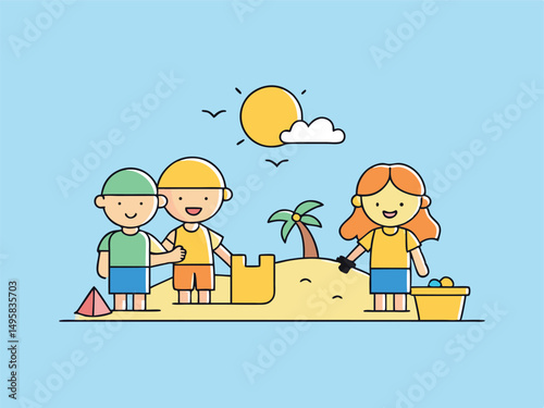Happy Children Playing on Sandy Beach Building Sandcastle Summer Fun