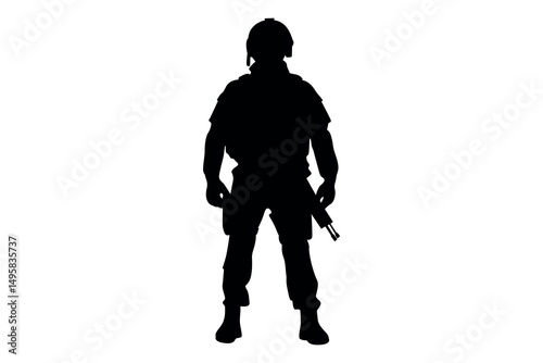 Silhouette of a soldier in tactical gear holding a rifle standing ready against a white background