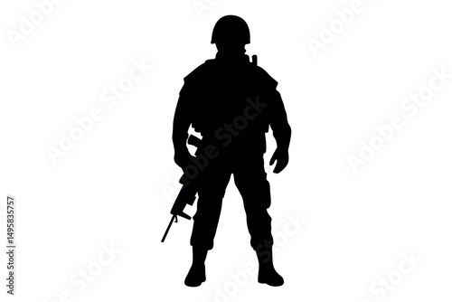Silhouette of a soldier standing with a rifle against a white background representing strength and readiness