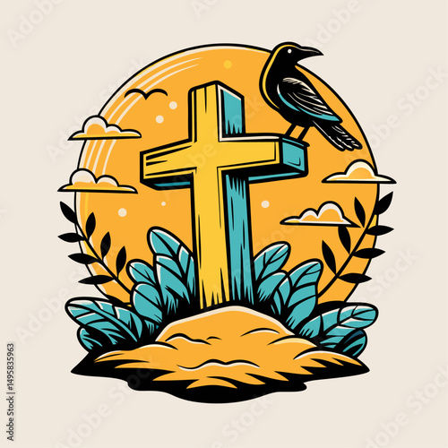 A raven perched on a cross at sunset illustration