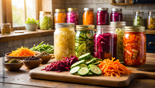 Colorful Fermented Vegetables Showcase: An array of vividly colored fermented vegetables in glass jars and bowls is artfully arranged on a wooden surface.