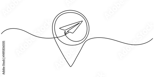 Continuous one line drawing Pointing location at map and paper plane, Paper plane line continuous drawing vector. One line The plane flies to the location marker vector background. Aircraft and pro.