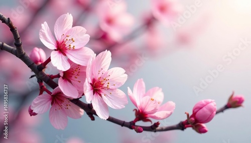 Intricate sakura branch pattern, showcasing blossoms & buds in varying stages , elegant, blossom