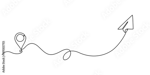 Continuous one line drawing Pointing location at map and paper plane, Paper plane line continuous drawing vector. One line The plane flies to the location marker vector background. Aircraft and pro.