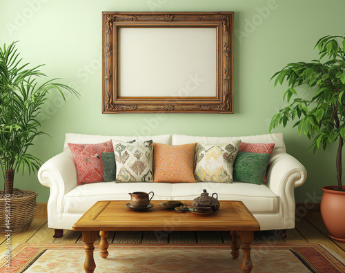 Colorful Throw Pillows and Cozy Sofa Interiors – Modern Home Decor Photography. AI generative.