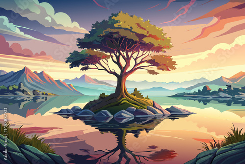  Vector Illustration of a Lone Tree on a Calm Misty Island 