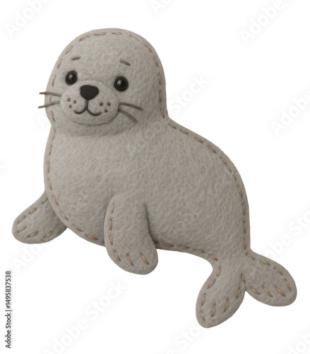 Baby Seal Handmade Felt Toy: Arctic Coastline Mammal Textile Craft of cute seal isolated, PNG transparent background.. Coastal, Polar Regions Mammal for Educational Projects. Ready to use. Letter 