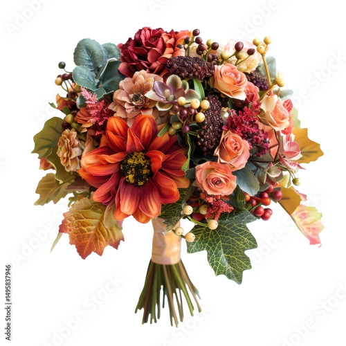 A vibrant bouquet of autumn flowers featuring roses, succulents, and foliage in a rustic setting