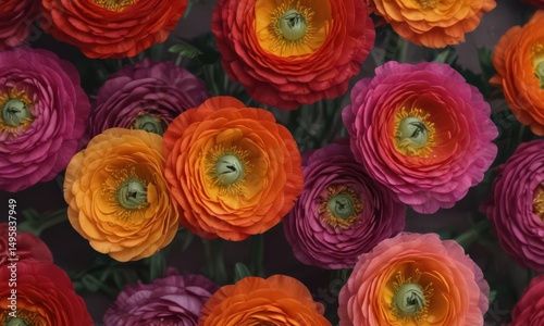 Close-up view of vibrant ranunculus, showcasing layered petals , design, romance
