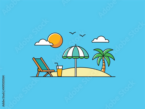 Relaxing Beach Scene with Deck Chair Umbrella Palm Tree and Drink