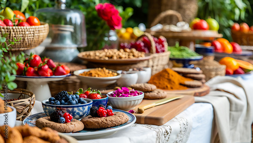 A Feast of Freshness: An expansive outdoor table laden with an array of colorful fruits, baked goods, nuts, and flavorful herbs. showcasing a spread of tempting.