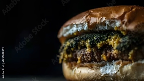 Close-up view of a processed burger with a moldy patty.