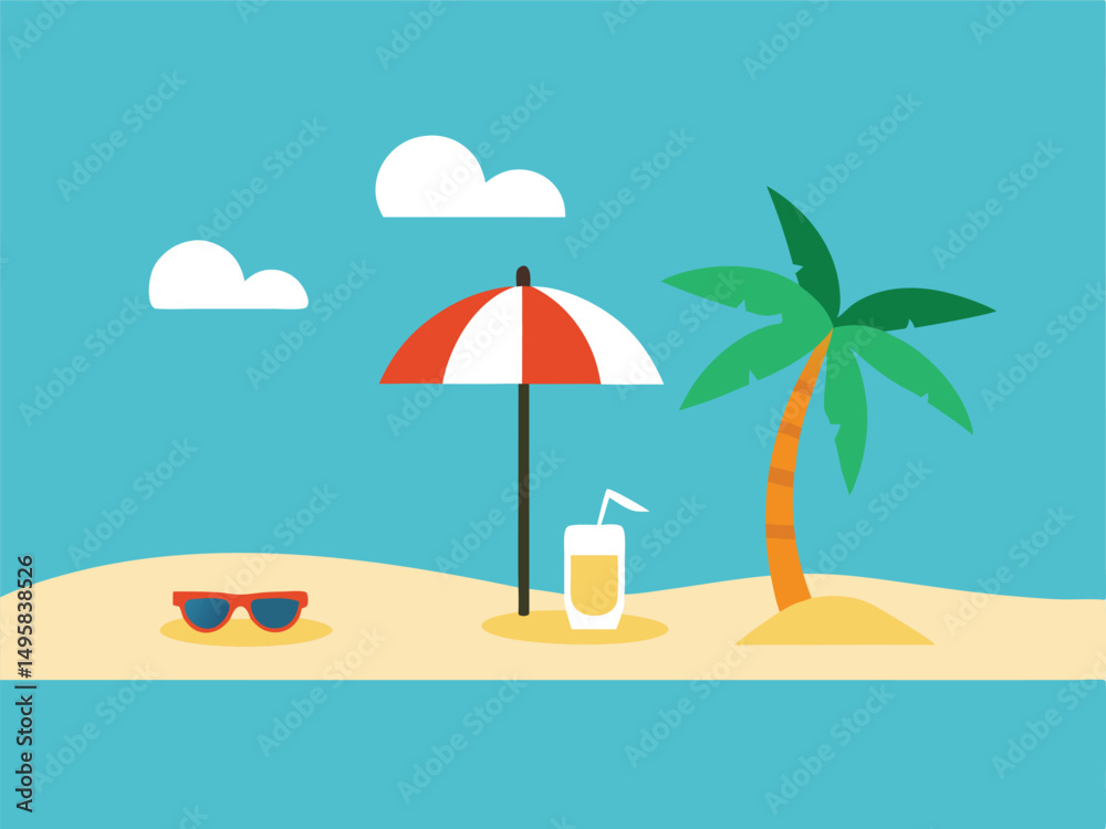 Obraz premium Relaxing Tropical Beach Scene with Palm Tree Umbrella Sunglasses and Drink