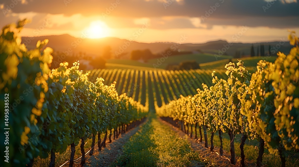 Naklejka premium A scenic vineyard landscape at sunset with rolling hills