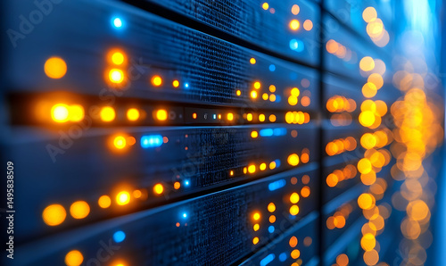 Server racks glow with orange and blue lights in a tight, repeating pattern, blurred by depth of field