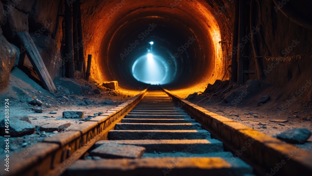 Obraz premium Inside an unused gold mine tunnel or shaft where ore cart tracks line the floor. Shallow depth of field concentrating about halfway down the shaft.